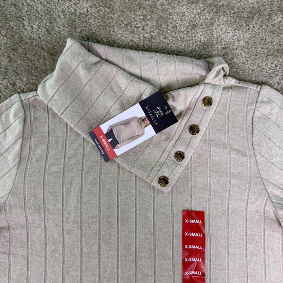 Rafaella Women's Ribbed Cowl Neck Top Wheat with Gold Button Size XS NWT E996 - Picture 2 of 9